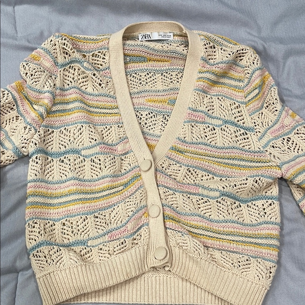 Zara Cream Multicolor Knit Cardigan